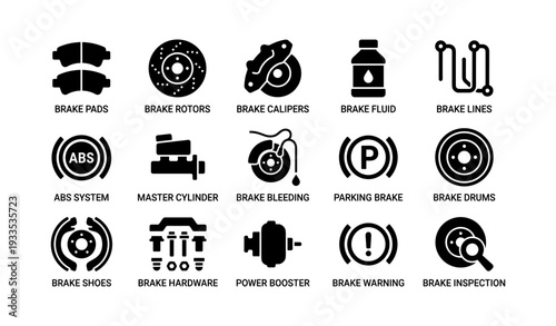 Comprehensive brake system icons: components and tools overview