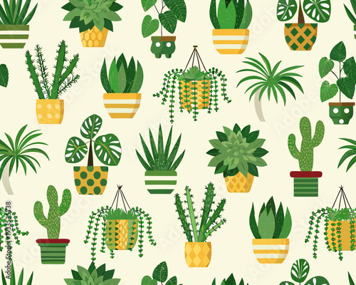 Colorful botanical illustration featuring various potted houseplants and foliage