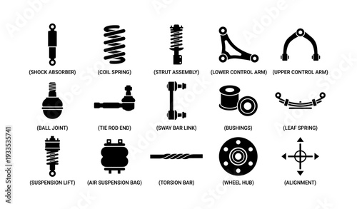 Car suspension parts icons: shock absorber, coil spring, strut, control arm, ball joint