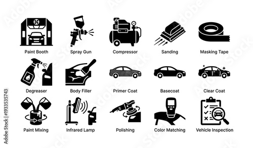 Car refinishing icons: tools and processes for automotive painting and repair