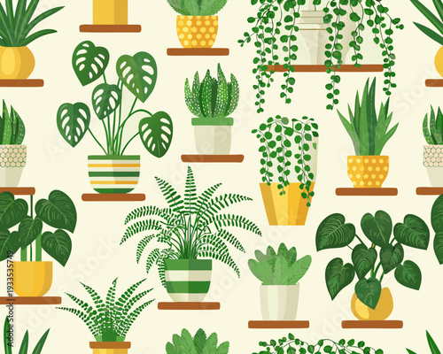 A vibrant repeating pattern of various potted houseplants on shelves