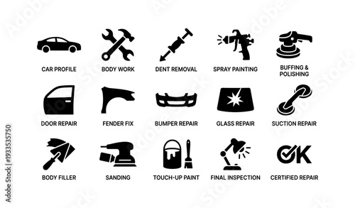 Car repair icons: tools for body work, painting, and inspection
