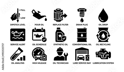 Car maintenance icons: oil change, technician, service alert, recycling, dipstick