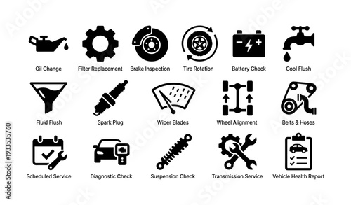 Car maintenance icons: brake inspection, oil change, battery check, tire rotation, fluid flush