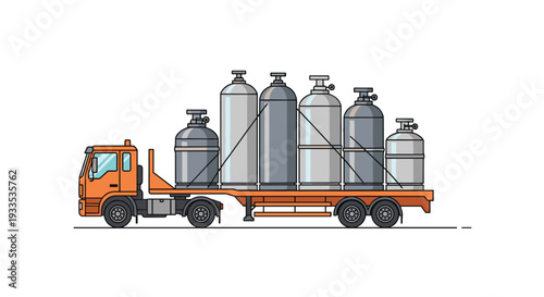An orange flatbed semi-truck with a grey cab is transporting six large grey industrial gas cylinders on white.