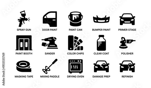 Automotive painting process icons: tools and stages for professional car refinishing