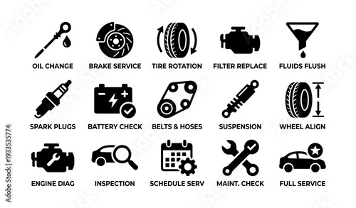 Comprehensive vehicle maintenance icons set for auto services
