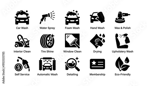 Car wash service and detailing icons set for automotive maintenance