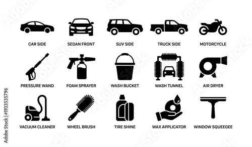 Vehicle and car wash equipment icons: cars, trucks, motorcycle, tools