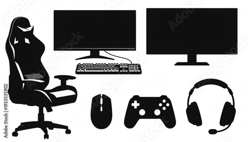 Gaming Setup Silhouette Icon Set with Monitor Controller and Headset