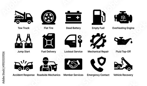 Car assistance icons set: tow truck, flat tire, dead battery, fuel, engine issues