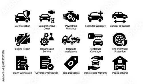 Car insurance symbols: coverage, warranty, assistance, repair, protection