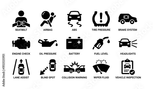 Vehicle dashboard icons indicating safety and maintenance features