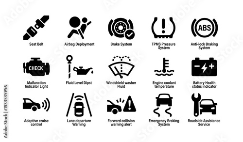 Car dashboard icons: safety, maintenance, and warning indicators