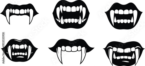 Vampire lips with fangs in various expressions