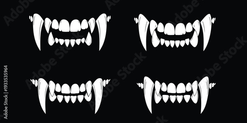 Vampire fangs and teeth in different positions on black