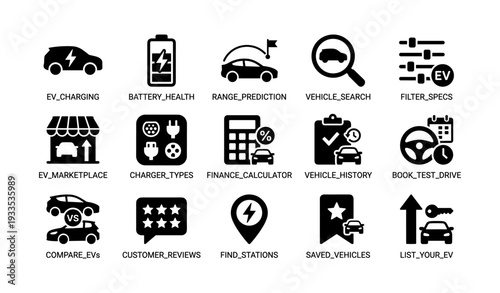 Ev charging and maintenance icons featuring marketplace, finance, and vehicle search elements