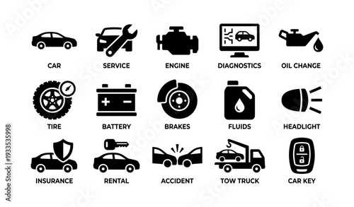 Automotive service icons: car maintenance, repair, diagnostics, insurance, tow truck