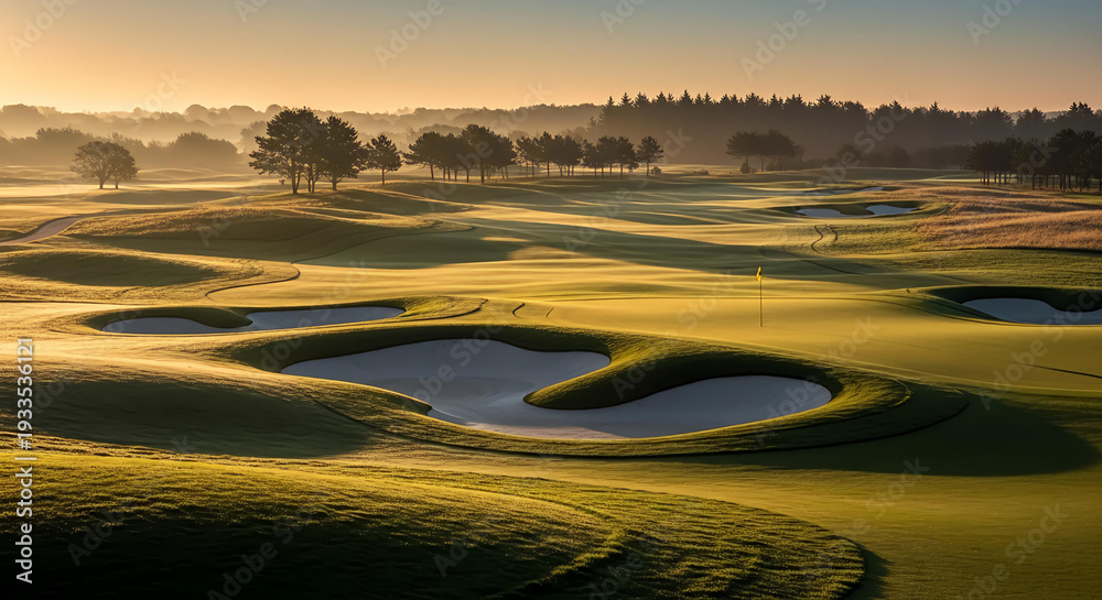 Fototapeta premium Golden sunrise illuminates a misty golf course with rolling hills and sand traps