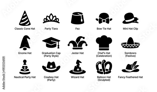 Variety of party hats icons including wizard, jester, and graduation cap