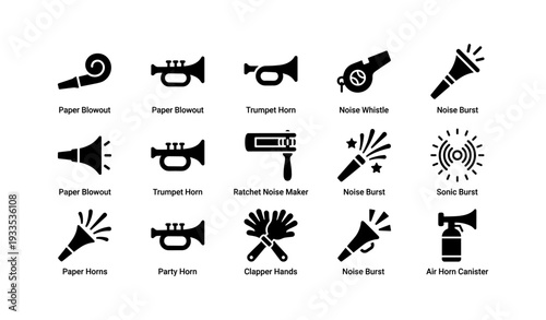 Party noise makers collection: horns, whistles, bursts, and clappers