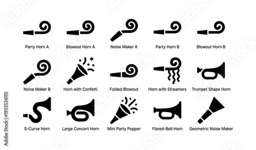 Collection of various party horn icons including blowout and trumpet shapes