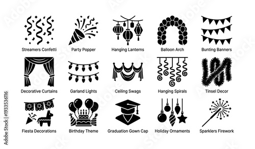 Festive icons collection: party decorations and celebration elements