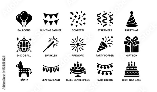 Party icons collection: balloons, confetti, streamers, and more celebration symbols