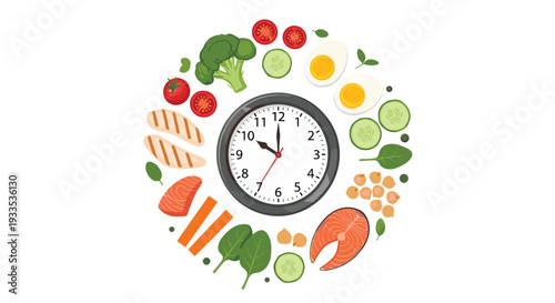A central analog clock with white hands is precisely surrounded by a diverse circular arrangement of various healthy food items on a pristine white surface.