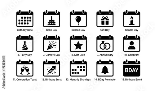 Celebration icons, birthday themes, anniversary reminders, gift symbols, party events