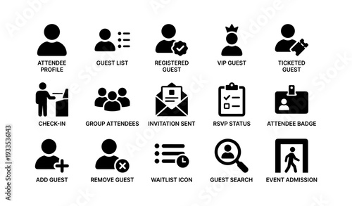 Event management icons: guest, ticket, check-in, invitation, rsvp