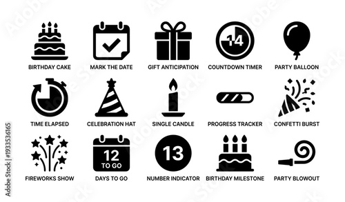 Event symbols collection featuring countdown, celebration, and birthday icons