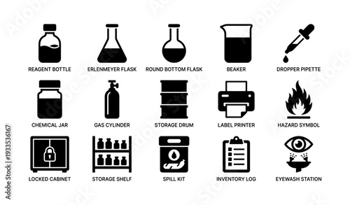 Laboratory equipment icons collection with safety symbols and chemical storage
