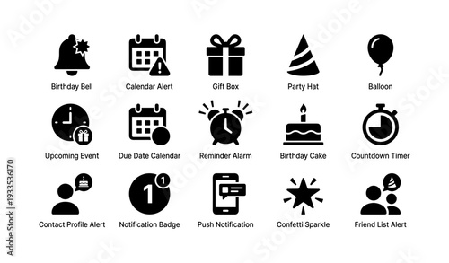 Event notification icons: calendar, gift, party, alerts, timer, notification, contact, sparkle