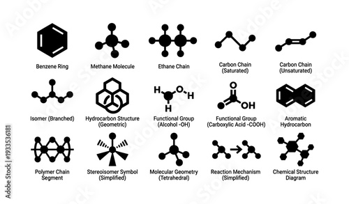 Molecular structures and chemical diagrams: benzene, methane, ethane, polymers, and functional groups
