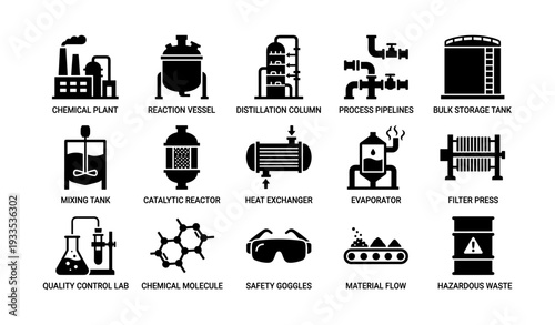 Industrial equipment icons: chemical plant, reactor, distillation, pipelines, storage tank