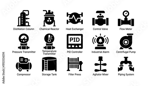 Industrial equipment icons: distillation, reactor, exchanger, valve, pump, controller