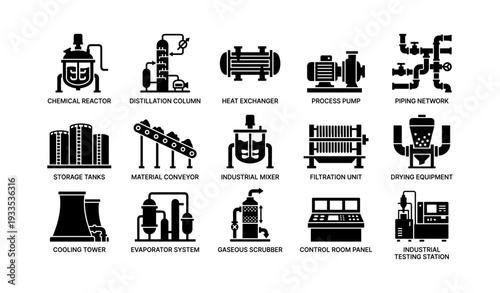 Industrial equipment icons: chemical reactor, heat exchanger, process pump, filtration unit, cooling tower