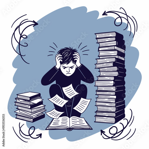 Man Overwhelmed by Books and Deadlines.eps