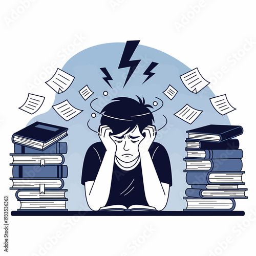 Overwhelmed Student Surrounded by Books and Stress.eps