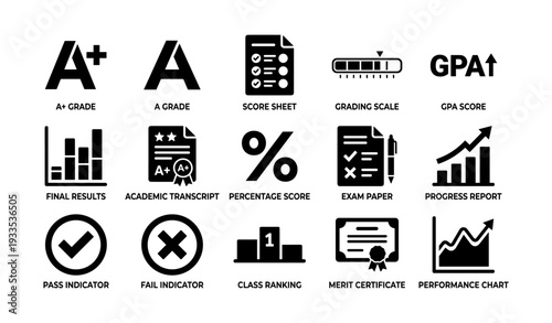 Academic symbols: grades, scores, gpa, and performance metrics