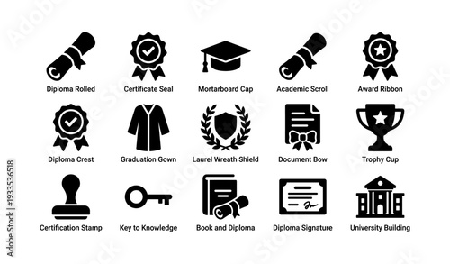 Diploma icons: graduation gown, certificate seal, mortarboard, laurel wreath, trophy cup