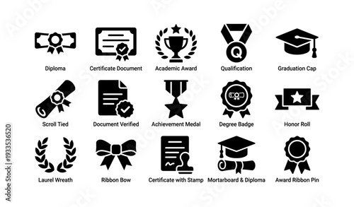 Academic awards and recognitions icons set featuring diplomas and medals