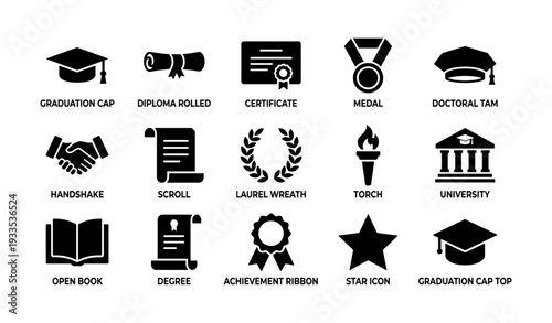 Education symbols: graduation caps, diplomas, certificates, and academic icons