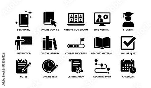 E-learning icons: online course, virtual classroom, webinar, student, instructor tools
