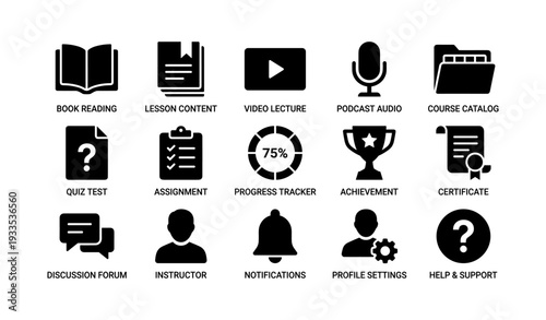 Education and online learning icons set including video, podcast, and progress tools
