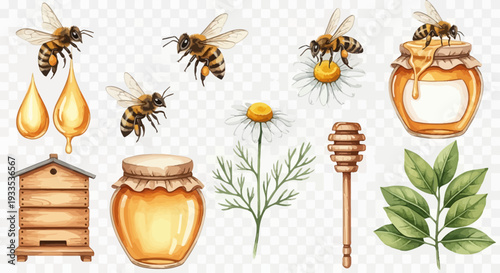 Watercolor illustration of bees honey beehive flowers and honey dipper
