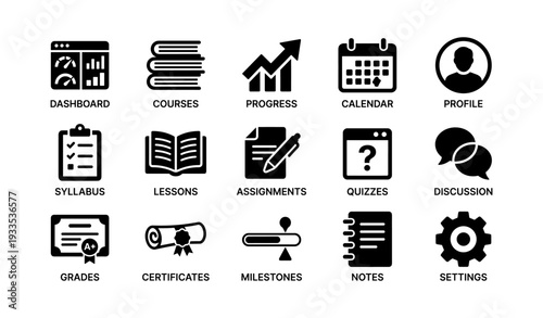 Education dashboard icons: course progress, assignments, quizzes, and more