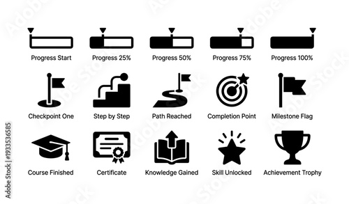 Progress and achievement icons with milestone flags and completion symbols