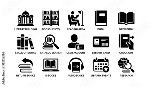 Library icons: books, reading, e-books, audiobooks, research